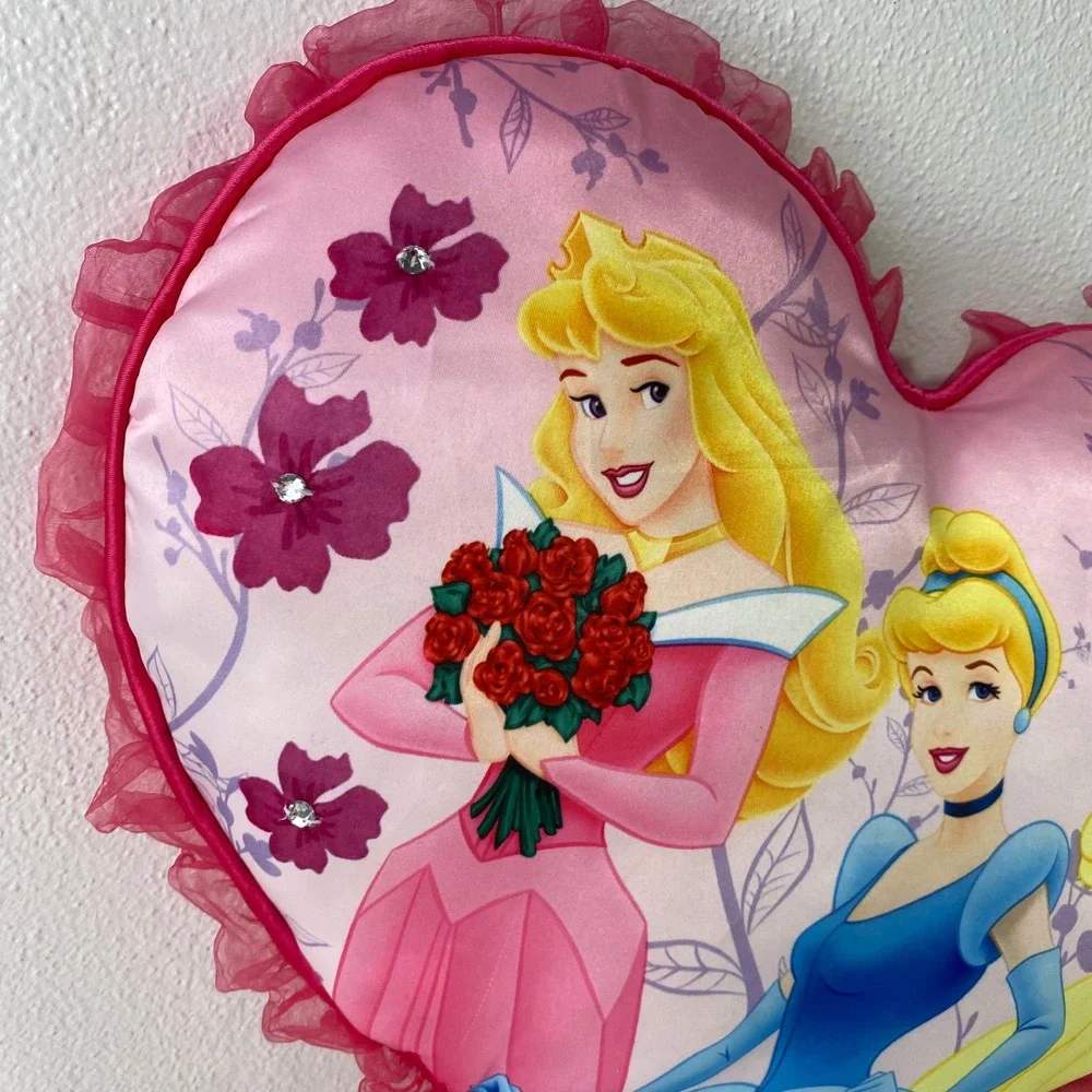 Vintage Y2K Disney Princess Satin Heart Pillow Aurora Cinderella Belle Ruffle